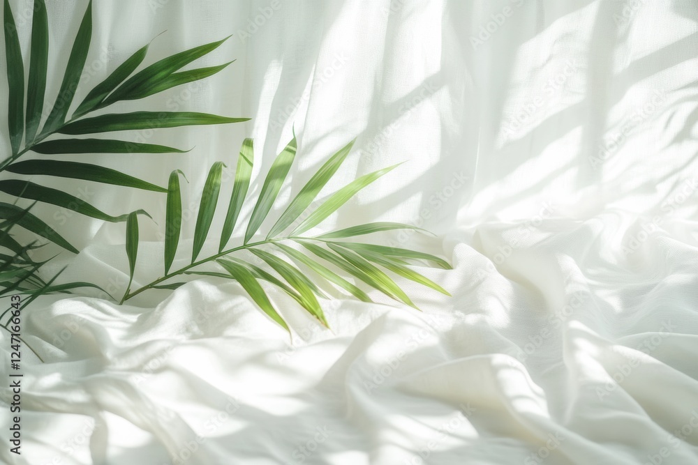 Aufkleber Bright tropical leaves on soft light summer fabric creating a refreshing atmosphere in a sunny setting. Generative AI
