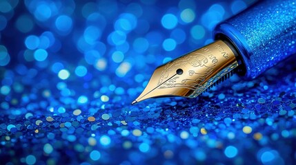 Blue glitter, gold pen nib, close-up, bokeh, writing