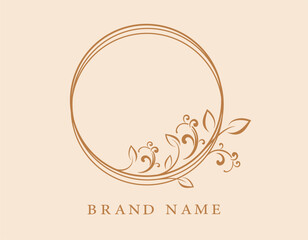Round floral logo with leaf and vine patterns with botanical motifs. Suitable for branding, packaging, cosmetic products, wedding themes.