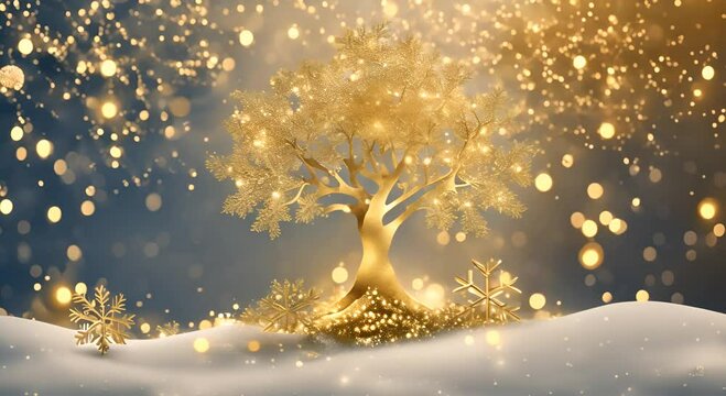 Background print tree golden christmas decor snowflakes christmas space golden banner illustration aquarel glitter postcard christmas card gold new glitter year copy poster christmas