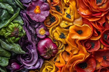 This vibrant abstract composition presents an artistic arrangement of various vegetables in a...