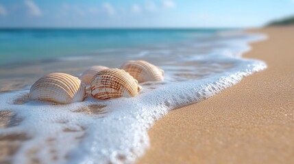 Seashells washed ashore, ocean waves, beach, sunny day, travel