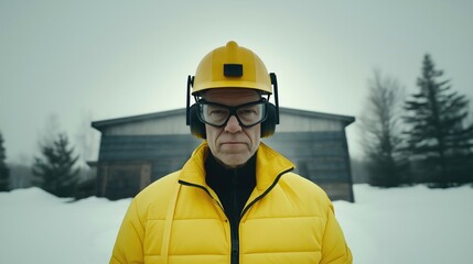 A focused industrial worker wearing a yellow helmet and protective glasses, ready for a challenging task in a factory setting outdoors in winter