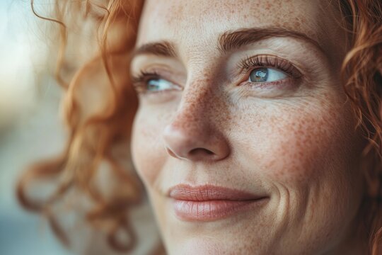 A close-up of a smiling woman with curly red hair and freckles, radiating warmth and happiness, capturing a moment of joy and contentment.