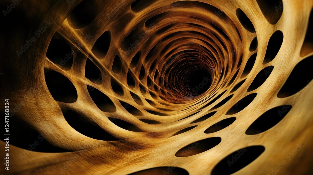 Poster a mesmerizing abstract image of a wooden tunnel with intricate patterns, evoking feelings of depth, 