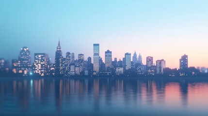 Fototapeta premium A city skyline at twilight, with structures prominently displayed in the evening light, rendered as a three-dimensional cartoon illustration.