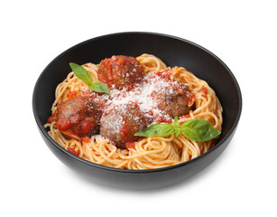 Delicious pasta with meatballs and cheese in bowl isolated on white