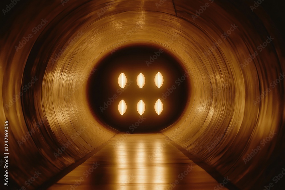 Poster a captivating view of a tunnel illuminated by warm lights, creating a sense of depth and mystery, ev