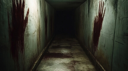 Dark hallway with blood-stained handprints and ominous atmosphere in an abandoned building at night