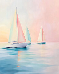 Fototapeta premium Sailing Vessels Glide Across Calm Waters During a Serene Sunset With Pastel Skies and Gentle Waves