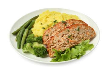 Delicious baked turkey meatloaf, mashed potato and vegetables isolated on white