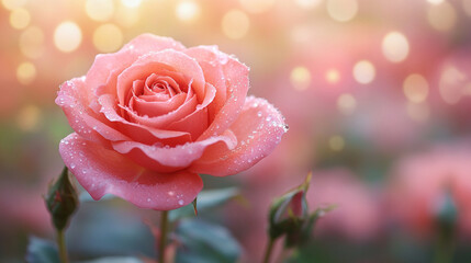 A beautiful pink rose against a soft, blurred background creates a serene and captivating scene, symbolizing love, elegance, and hope with a modern and clean aesthetic