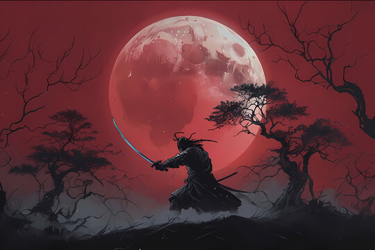 Luna rossa color sangue incandescente che illumina la silhouette di un samurai con katana sguainata, Glowing blood-colored red moon illuminating the silhouette of a samurai with unsheathed katana