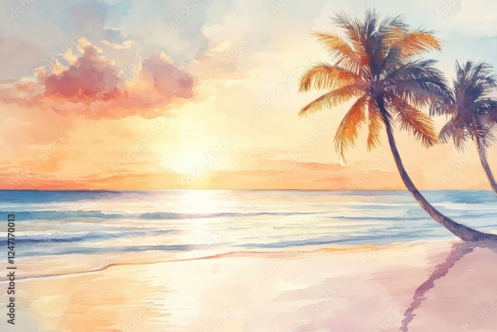 Aufkleber serene sunset over a tropical beach with palm trees swaying gently by the water. generative ai
