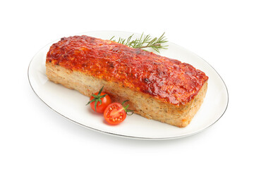 Delicious baked turkey meatloaf, cherry tomatoes and rosemary isolated on white