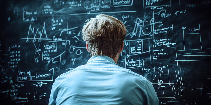 Young man analyzes complex mathematical equations on a chalkboard in a dimly lit classroom during late evening hours, immersed in his study - Powered by Adobe
