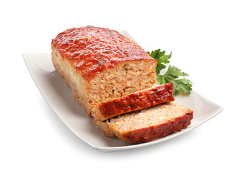 Delicious baked turkey meatloaf with parsley isolated on white