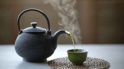 Steaming_green_tea_pouring_from_a_black_cast_iron_teapot_into_a_speckled_green_cup.