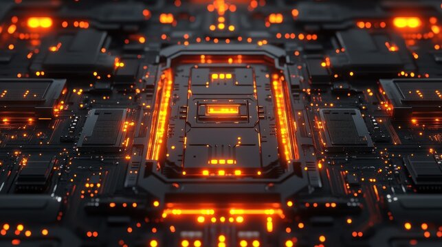 High-tech CPU on circuit board with glowing energy