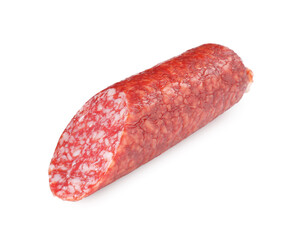 Piece of delicious smoked sausage isolated on white