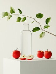 Minimalist Display with Transparent Bottle and Apples