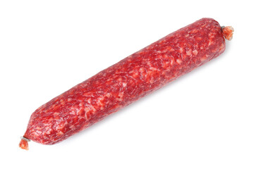 Delicious dry cured sausage isolated on white, top view