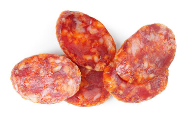 Pieces of delicious dry cured sausage isolated on white, top view