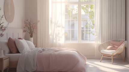 Modern Luxury Home Interior Bedroom Design with Mockup Frame , Wall, lamp, table, Poster(3d Render)