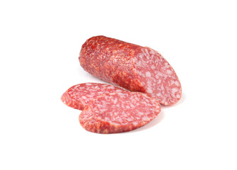 Pieces of delicious smoked sausage isolated on white