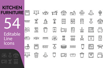 Set Of Kitchen Furniture Related Editable Icons Contains Such As Fruit Basket, Lights, Pot Holders And Rice Cooker Vector Illustration In Modern Thin Line Style On Isolated White Background