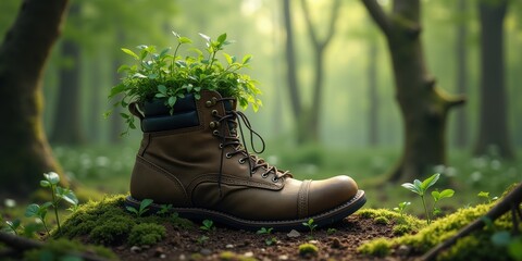A brown hiking boot filled with lush green plants, symbolizing sustainability and nature. Perfect for eco-friendly initiatives and outdoor lifestyle marketing.