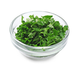 Chopped parsley in bowl isolated on white