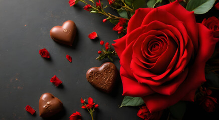 Valentine's Day chocolate background with elegant red roses. There is space for your text or personal branding. Perfect for romantic themed designs, advertisements and greeting card templates.