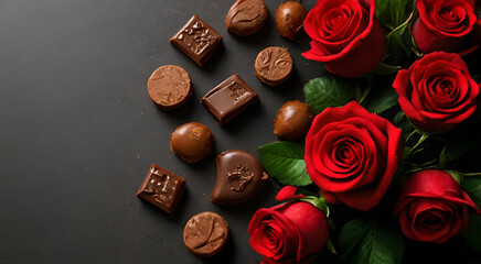Valentine's Day chocolate background with elegant red roses. There is space for your text or personal branding. Perfect for romantic themed designs, advertisements and greeting card templates.