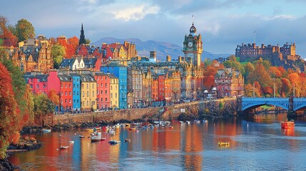 Fototapeta premium Scenic view of colorful buildings along a river with autumn foliage.