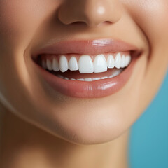 Fototapeta premium Close-up of a beautiful woman's smiling mouth with white teeth, against a blue background