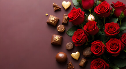 Valentine's Day chocolate background with elegant red roses. There is space for your text or personal branding. Perfect for romantic themed designs, advertisements and greeting card templates.