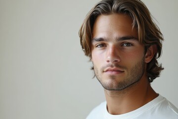 Fototapeta premium Portrait of a Young Man with Long Hair and a Confident Expression