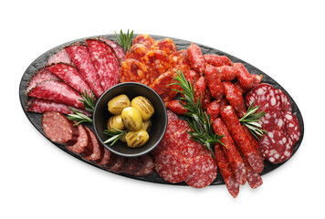 Different smoked sausages and other snacks isolated on white, top view