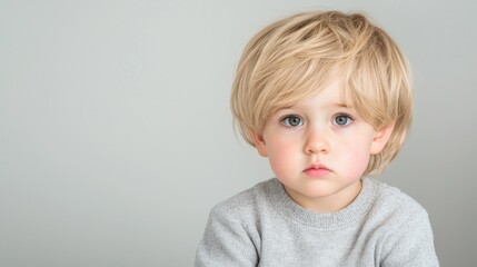 Naklejka premium Toddler boy portrait, neutral background, pensive expression, studio shot, child photography