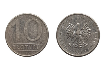 Coin 10 Zlotys 1988. Coin of Poland. Coin 10 Zlotys 1988 Obverse and Reverse on white background....