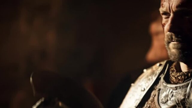 Portrait scene of a ferocious viking warrior with scars on his face, smooth repetitive motion for background video animation