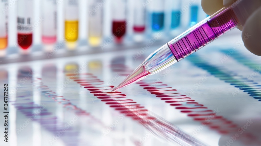 Aufkleber close up of a scientist using a pipette to add liquid to dna samples on a glass surface, with colorf