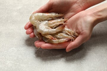 Woman with fresh raw shrimps at grey table, closeup. Space for text