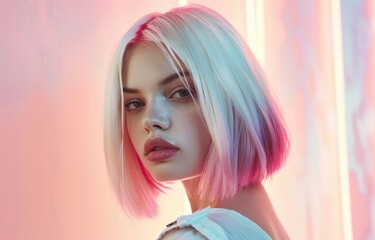 Portrait of Teenage girl with pink hair in Pink style on pink background, copy space banner, ai generative
