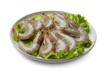 Fresh raw shrimps and lettuce isolated on white