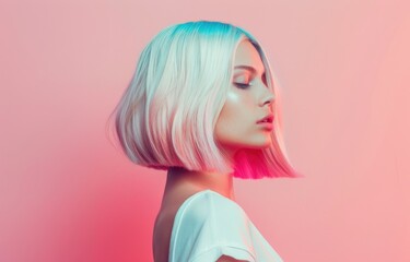 Portrait of Teenage girl with pink hair in Pink style on pink background, copy space banner, ai generative