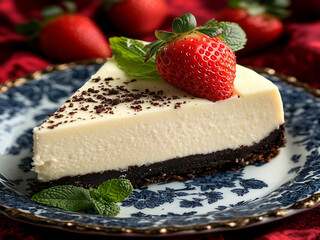 "Decadent Cheesecake Slice with Fresh Strawberry and Mint – Ultra HD Gourmet Dessert"