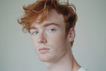 Portrait of a Young Man with Freckles and Curly Red Hair Against a Soft Background