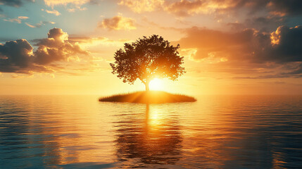A peaceful island with a lone tree at sunset, glowing in warm orange hues, symbolizing solitude, tranquility, and nature's resilience, with a blurred modern background and empty caption space